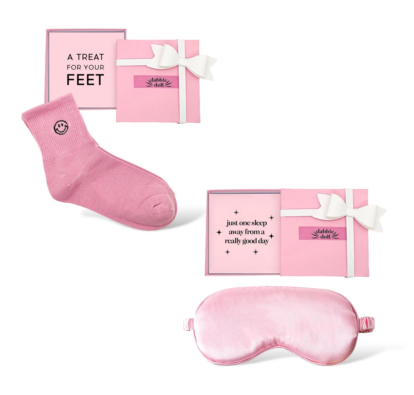 Pink sleep mask and socks gift set for girls and women with cute packaging from Dabble Doll