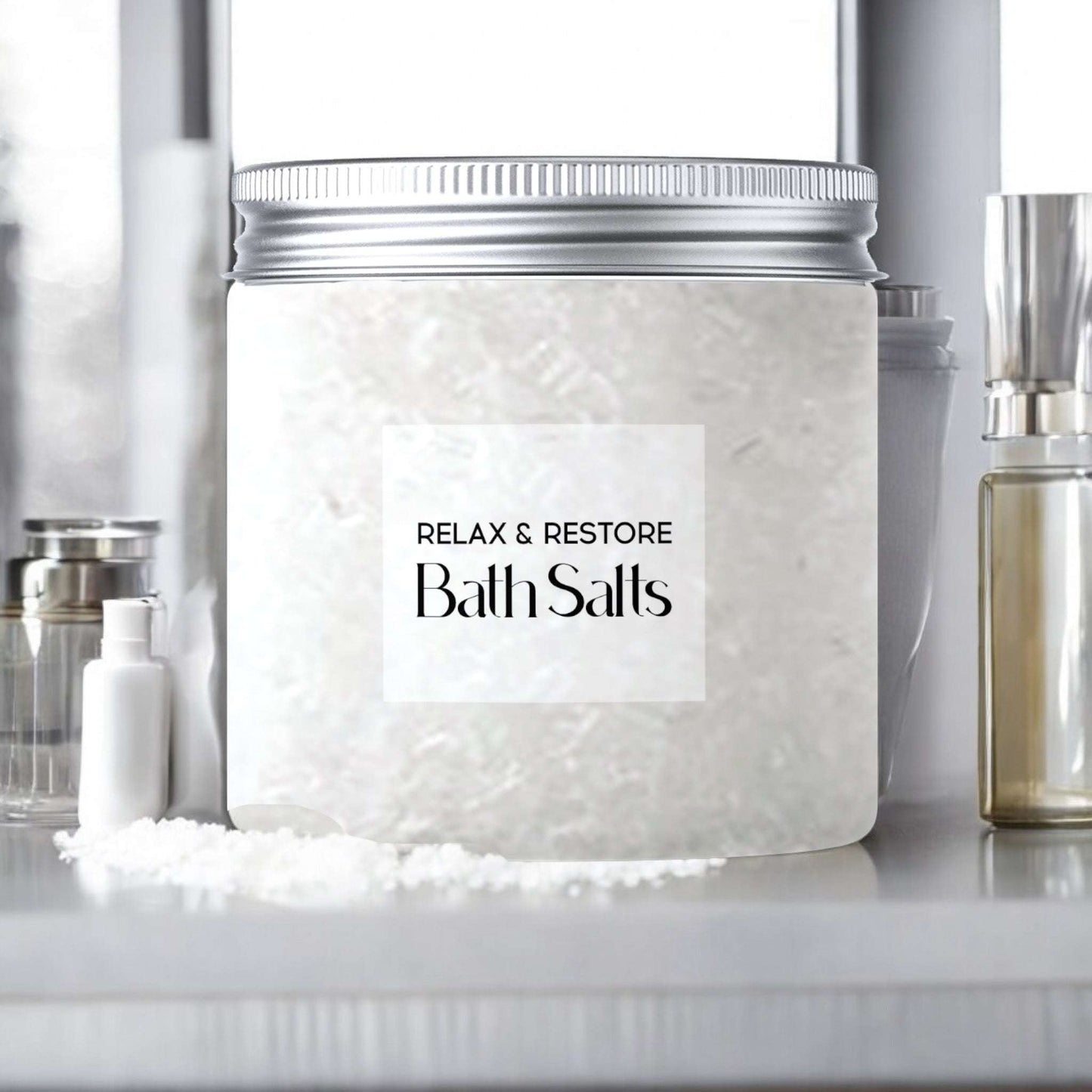 Dabble Doll Relax & Restore Bath Salts in a clear jar for a calming bath experience