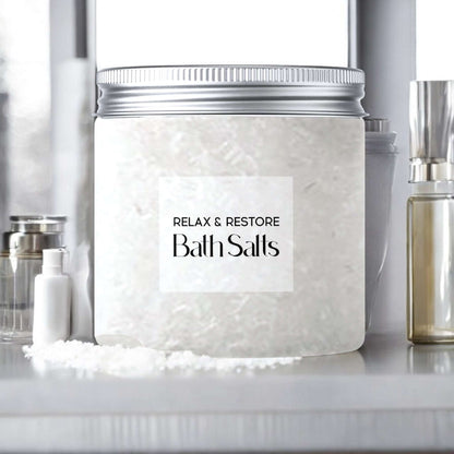 Dabble Doll Relax & Restore Bath Salts in a clear jar for a calming bath experience