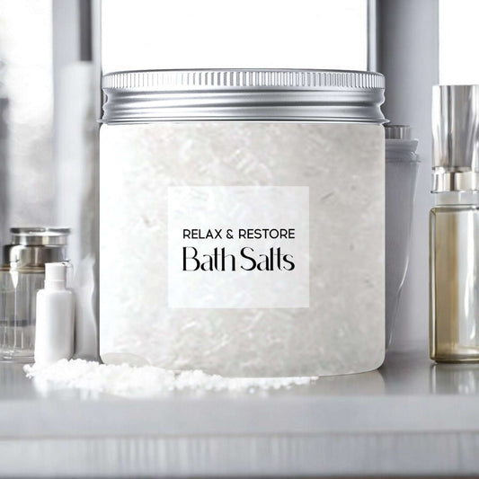 Dabble Doll Relax & Restore Bath Salts in a clear jar for a calming bath experience
