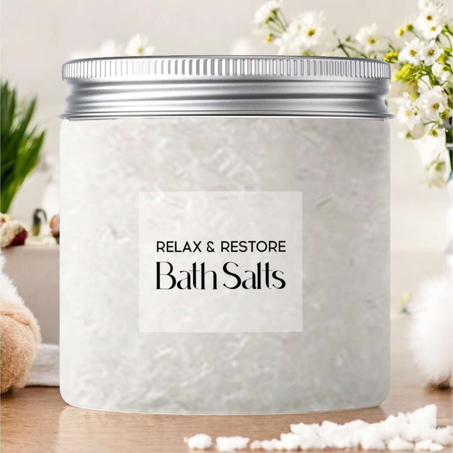 Dabble Doll Relax and Restore Bath Salts in a clear jar for soothing bath experiences