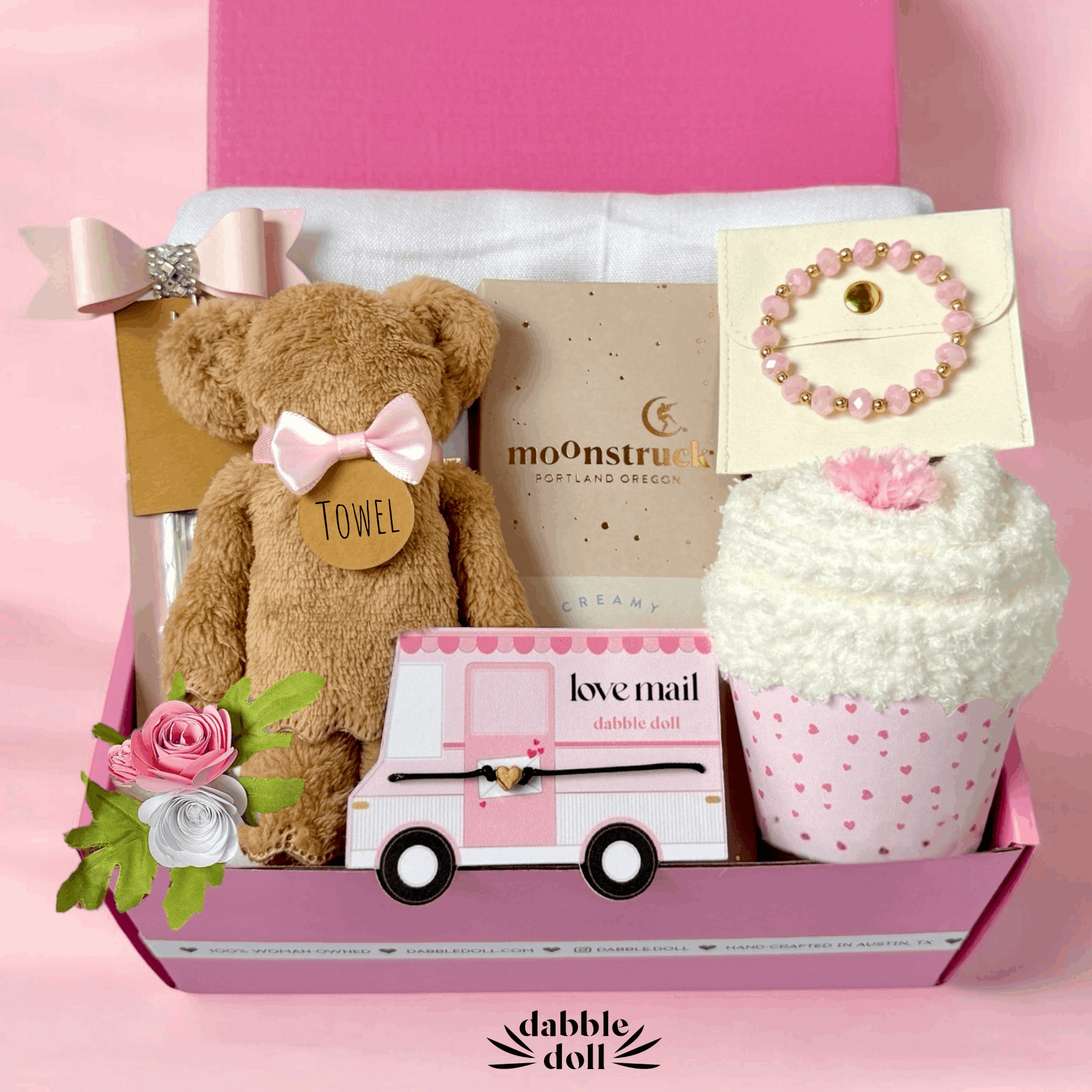 Romantic gift box for wife by Dabble Doll with teddy bear, cupcake towel, bracelet, and love mail card