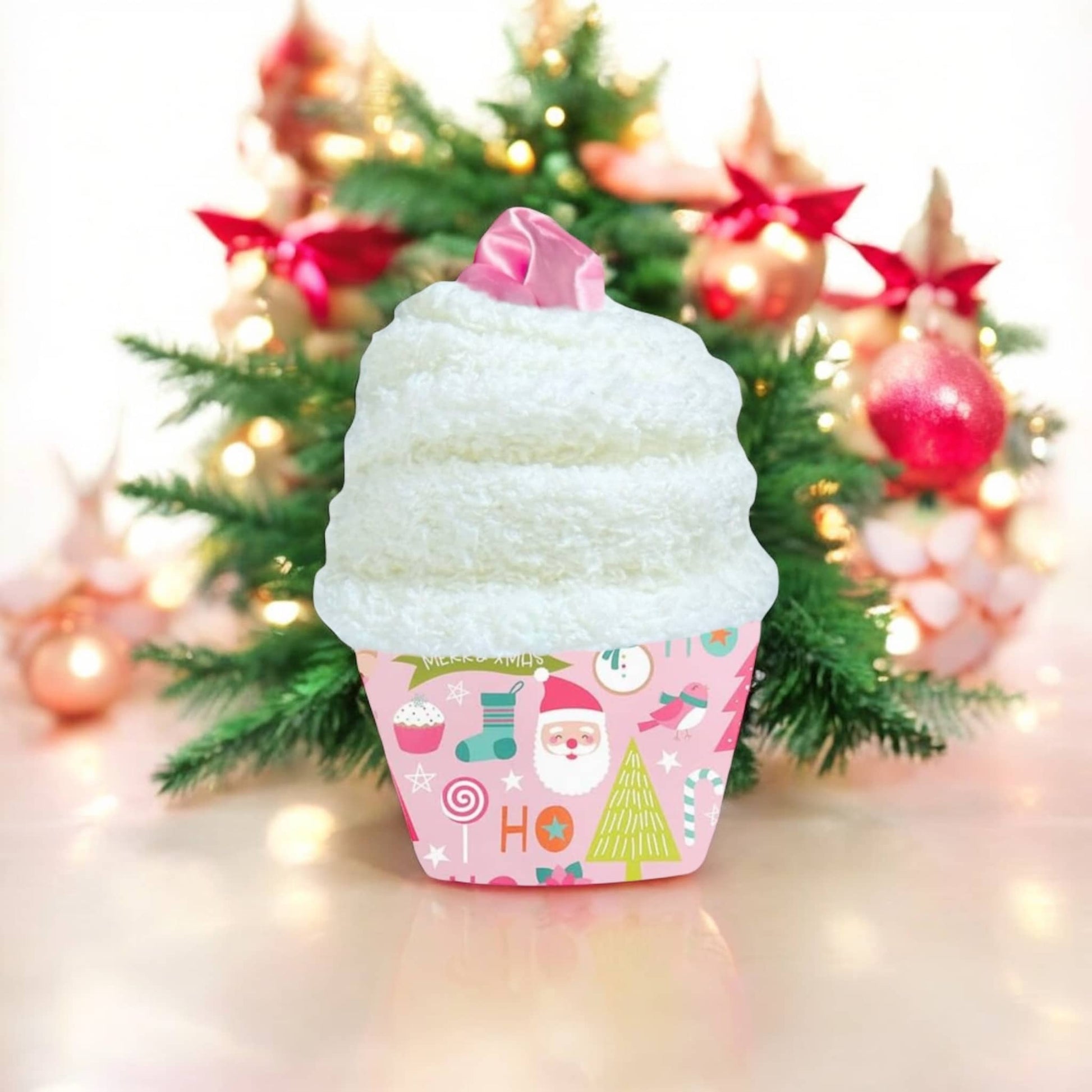 Dabble Doll festive cupcake-shaped scrunchie in pink and white, perfect for holiday hairstyles