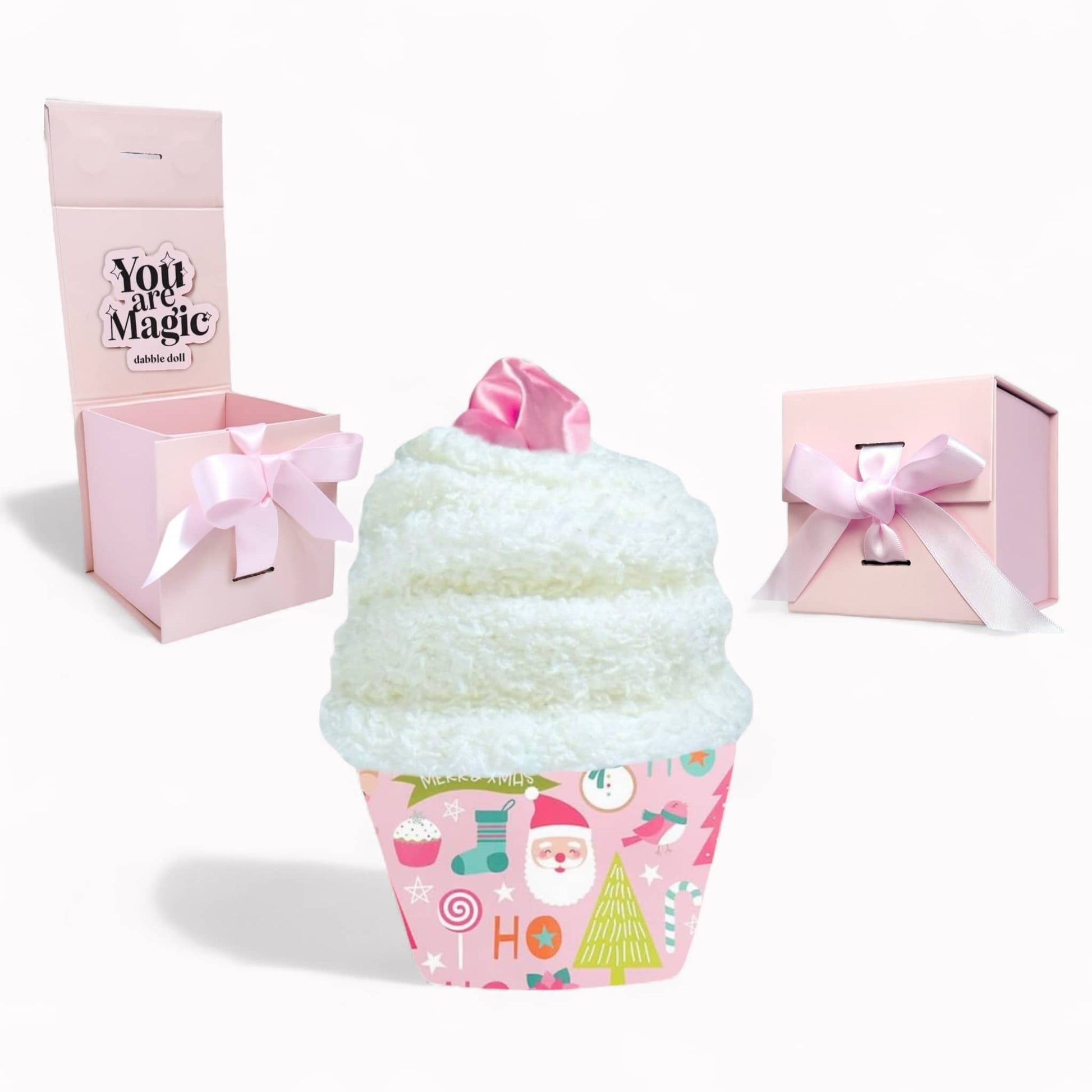 Dabble Doll cupcake gift box with a pink scrunchie inside, perfect for creative hair accessories
