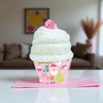 Dabble Doll Pink Scrunchie styled as a cupcake in a festive cup for fun accessories