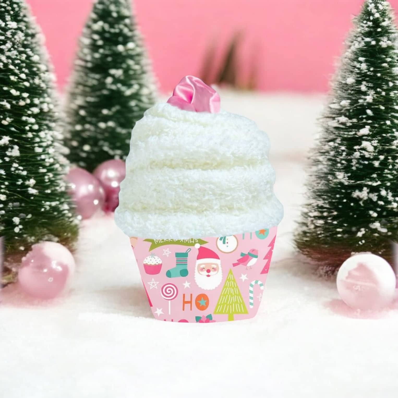 Dabble Doll Cupcake Scrunchie in Pink with Soft, Fluffy Texture and Festive Design