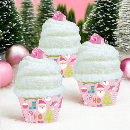 Dabble Doll Holiday Scrunchie in pink with a cupcake design, perfect for festive hairstyles