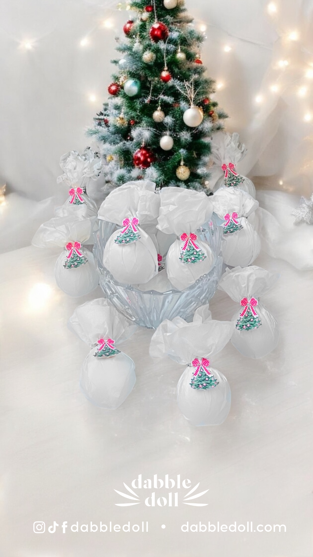 Dabble Doll Christmas Scrunchie in White with Pink Bows, perfect accessory for girls and women
