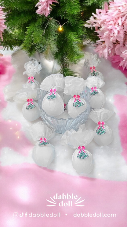 Dabble Doll White Scrunchie with Pink Bow, perfect for girls and women, stylish and versatile accessory