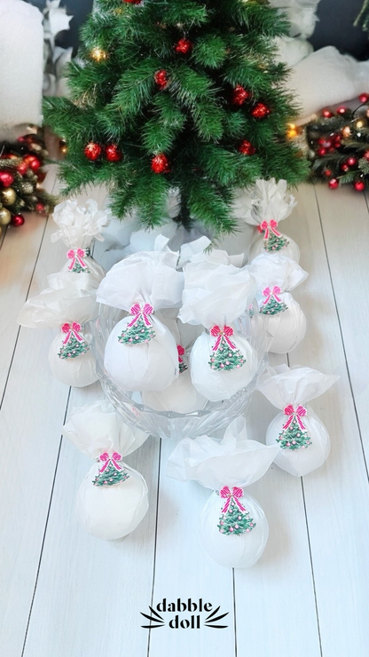 White holiday scrunchie for girls and women featuring a festive Christmas tree design