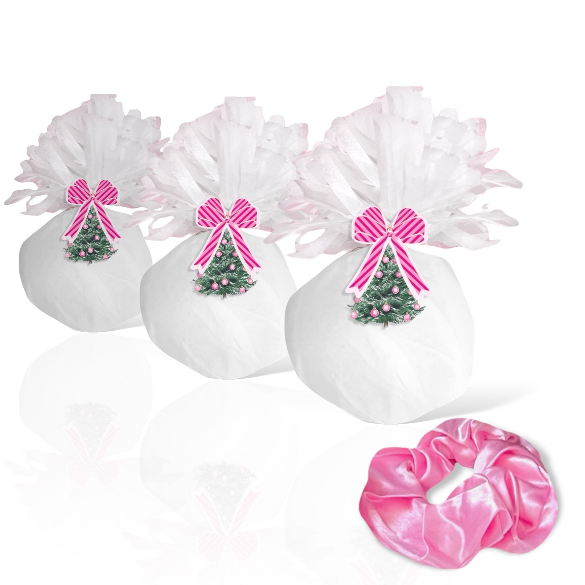 Pink satin scrunchie for girls and women accentuated with a festive holiday design