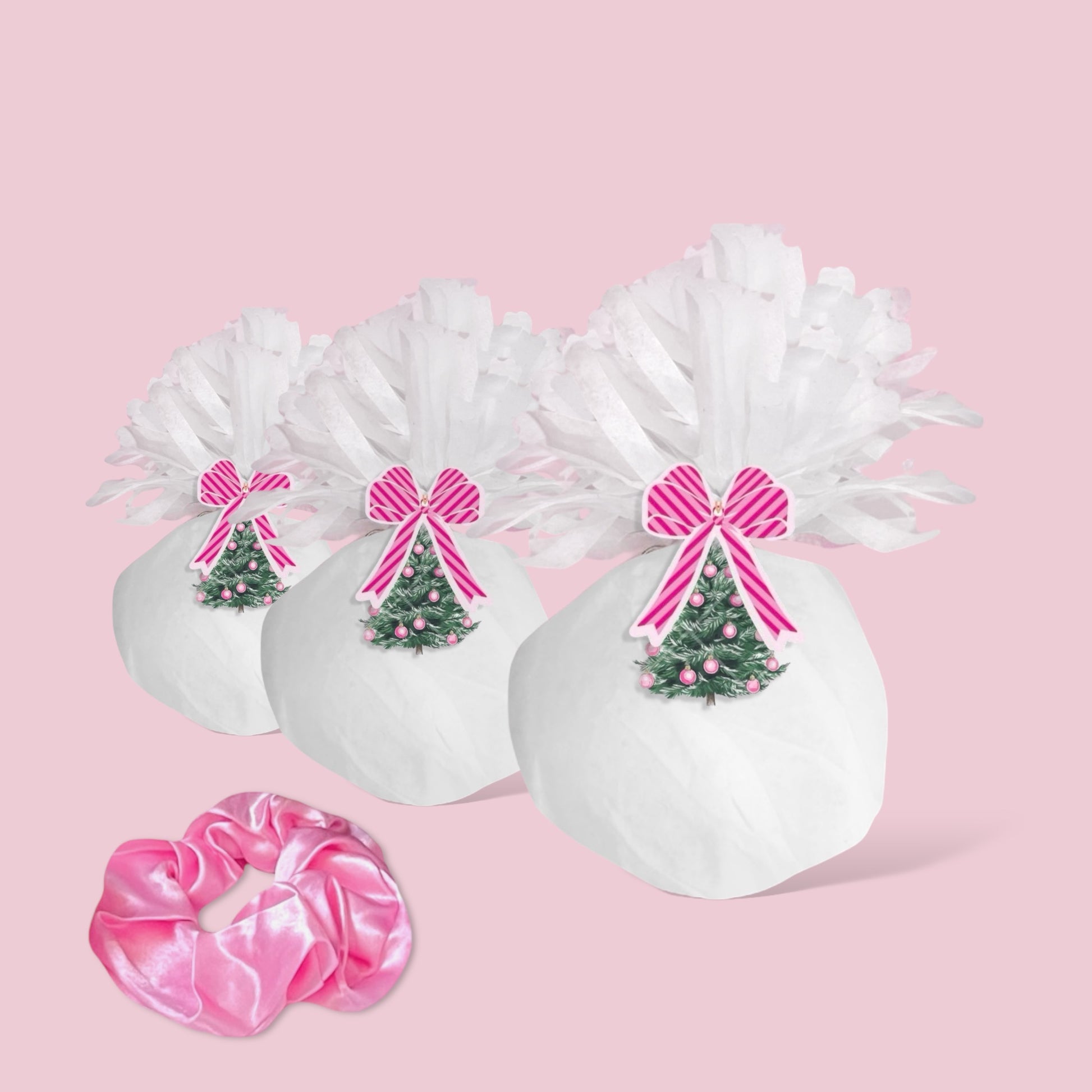 Pink satin scrunchie for girls with festive Christmas tree design in a decorative packaging