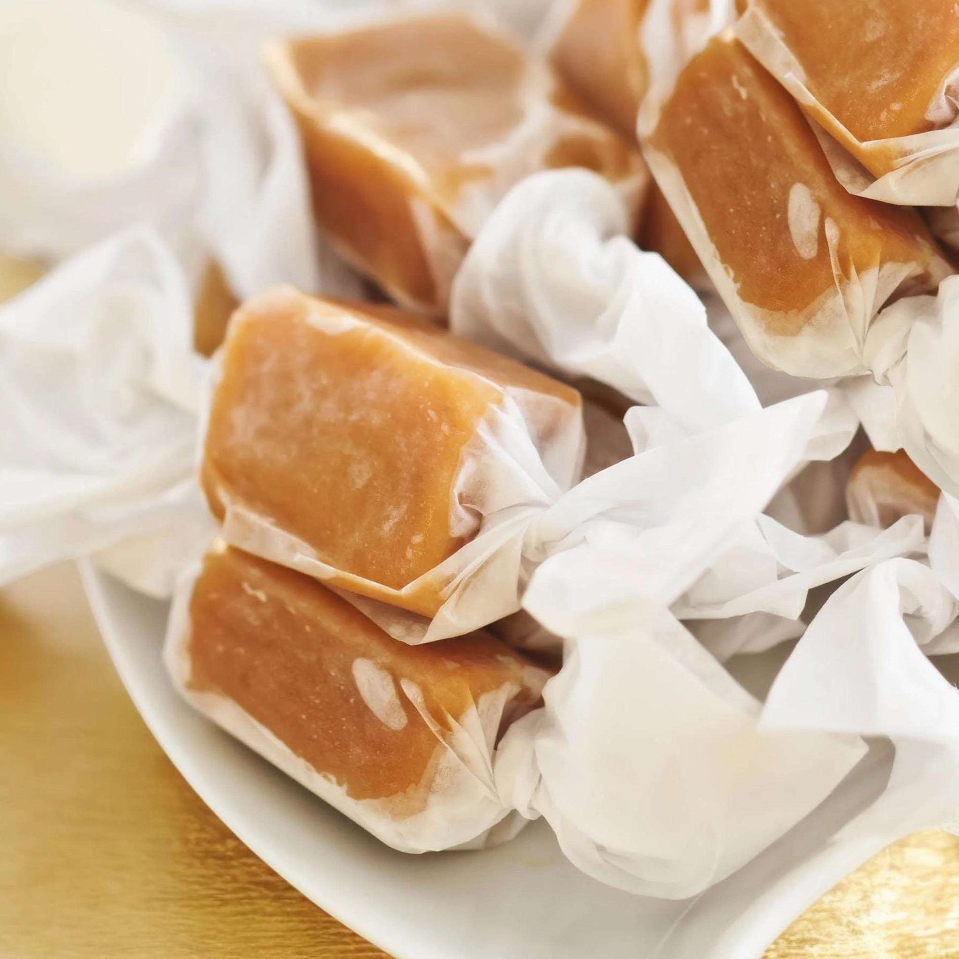 Delicious sea salt caramels wrapped in white paper, perfect treat for girls and women