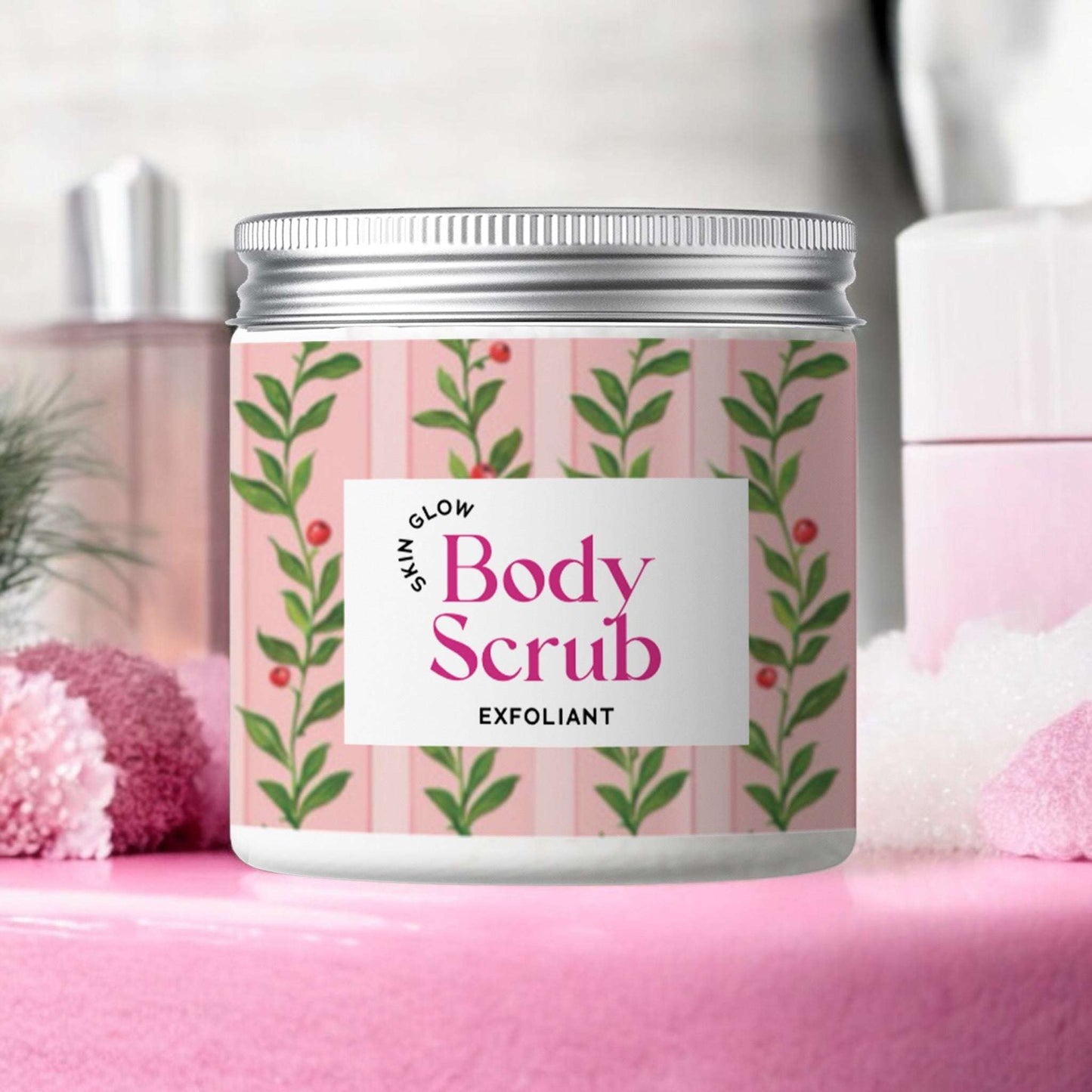 Dabble Doll Body Scrub in a decorative jar with floral design for exfoliating skin
