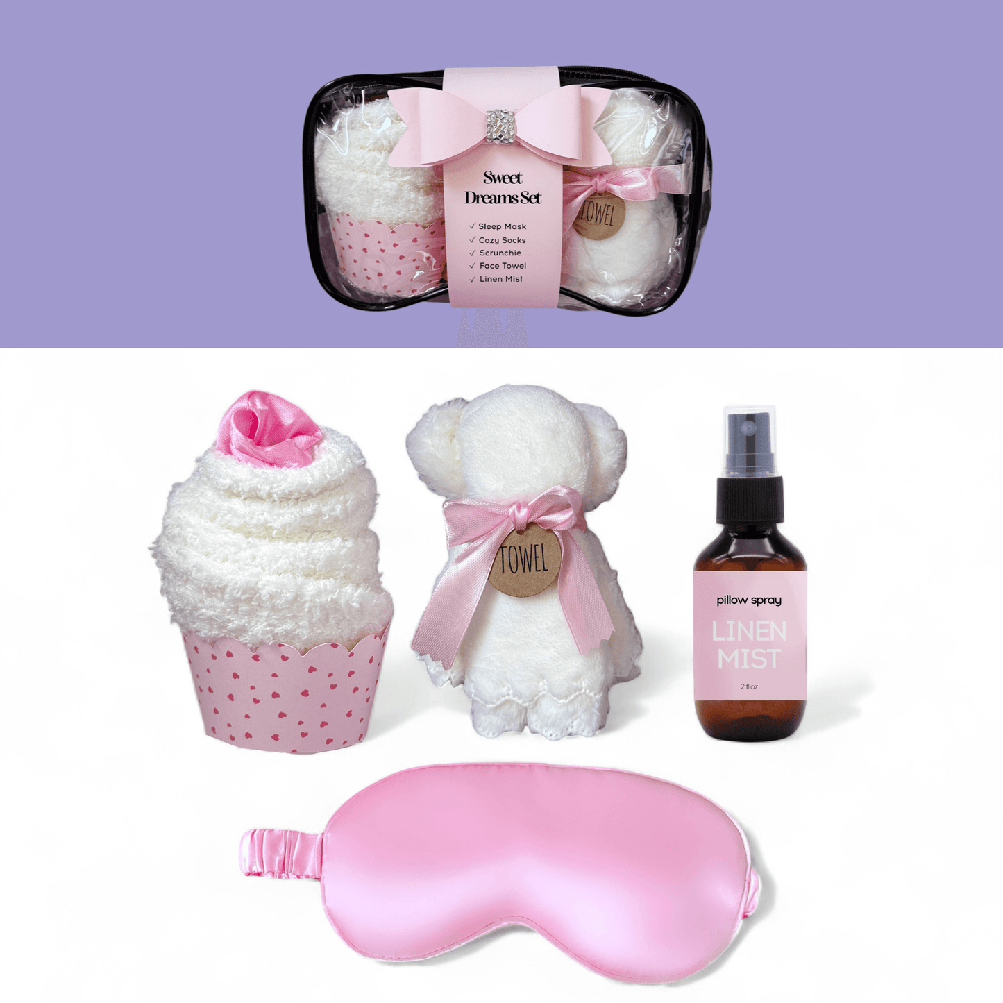 Dabble Doll sleep gift set for women with pink items including a towel, mask, and linen mist