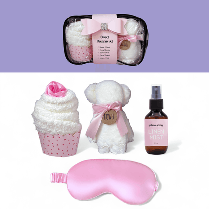 Dabble Doll sleep gift set for women with pink items including a towel, mask, and linen mist