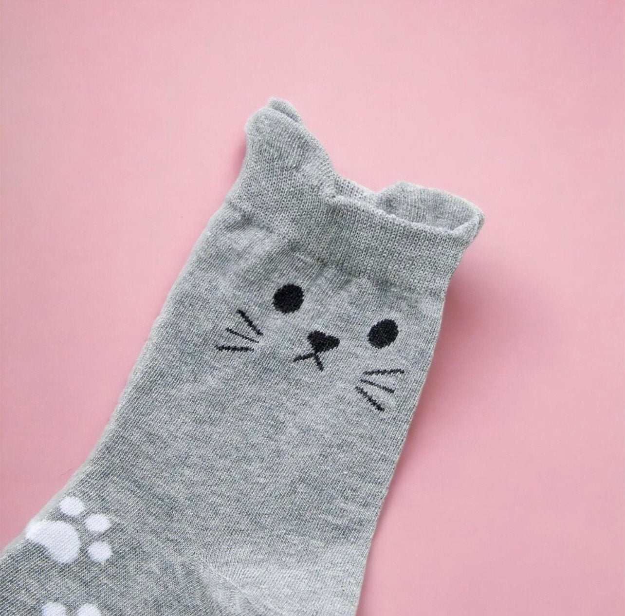 Dabble Doll Cat Face Socks in Gray with Cute Whisker and Paw Print Design