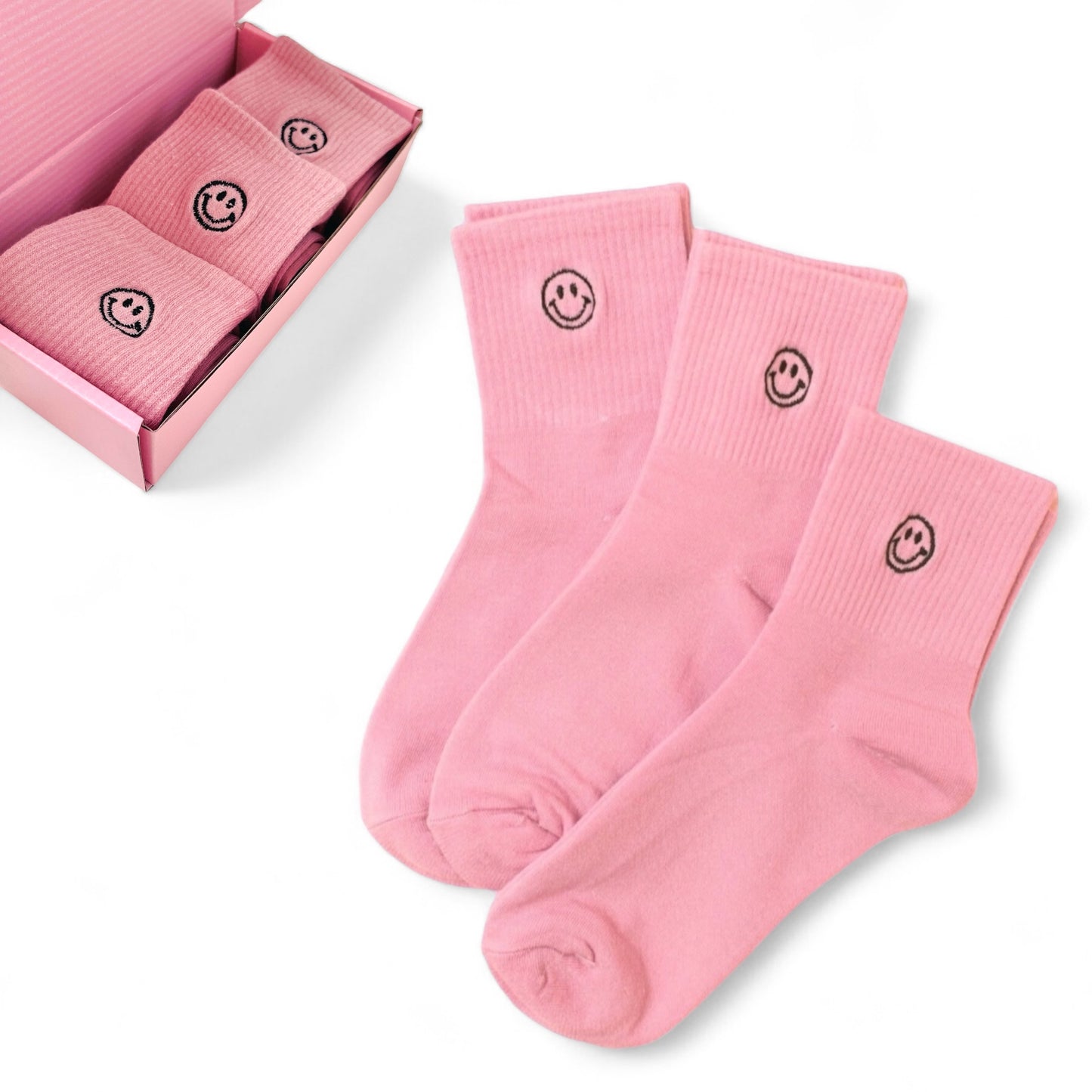 Pink Dabble Doll Socks for girls and ladies featuring a smiley face design in soft cotton
