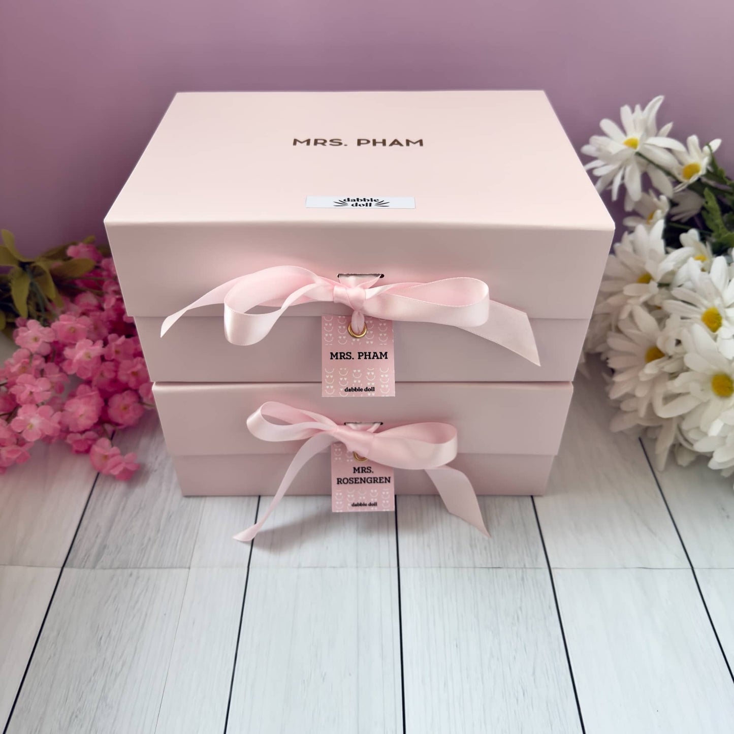 Pink Teacher Gift Box by Dabble Doll with elegant ribbons, perfect for girls and women to show appreciation