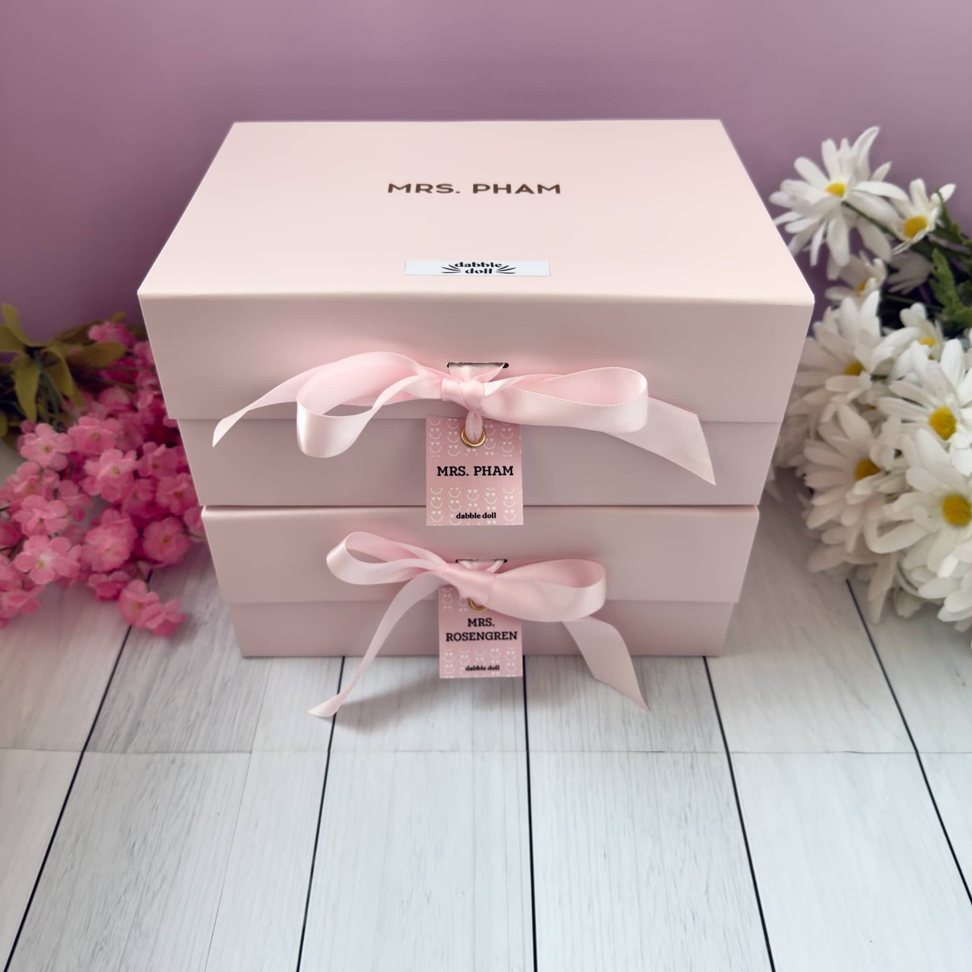 Pink Teacher Gift Box by Dabble Doll with elegant ribbons, perfect for girls and women to show appreciation