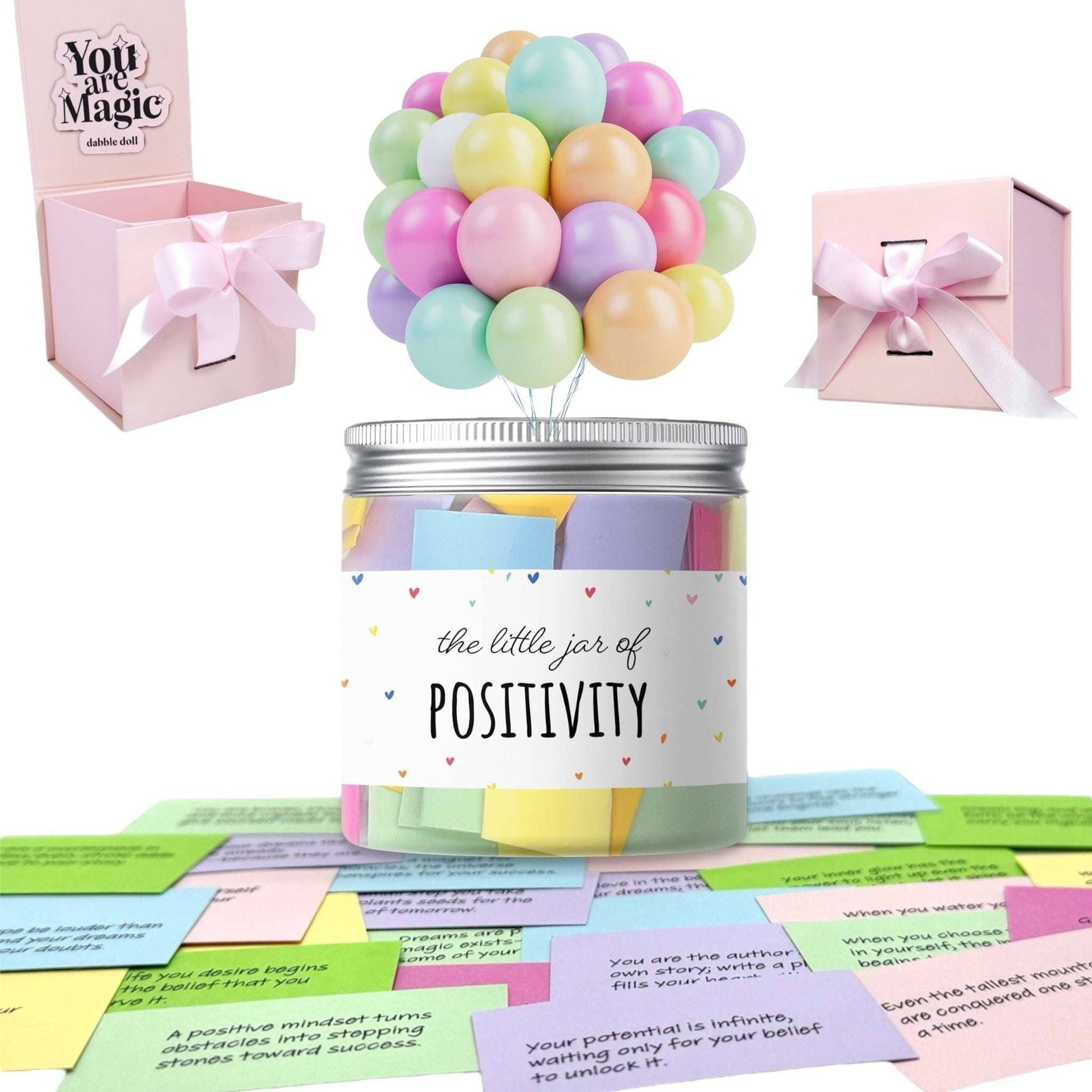 Pastel Gift Box from Dabble Doll for Girls with a 'Little Jar of Positivity' and colorful notes