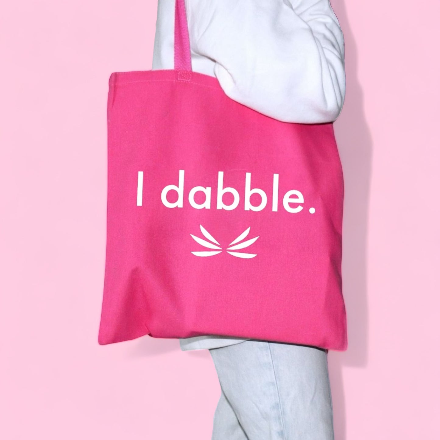 Pink Dabble Doll Tote Bag for girls and women featuring the text I dabble.